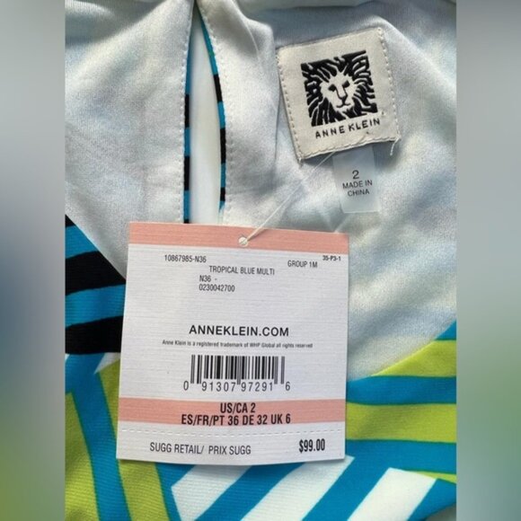 NWT ANNE KLEIN Sheath crew neck Sleeveless Tropical Blue Multi Mini Dress Size 2 - Picture 5 of 7